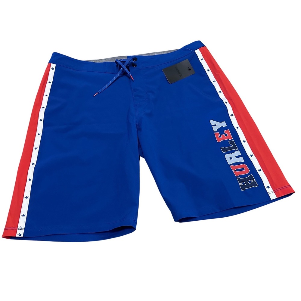 Hurley Mens BBQ Summer School Board Shorts Blue Red Stars Swim Trunks 36"  NEW